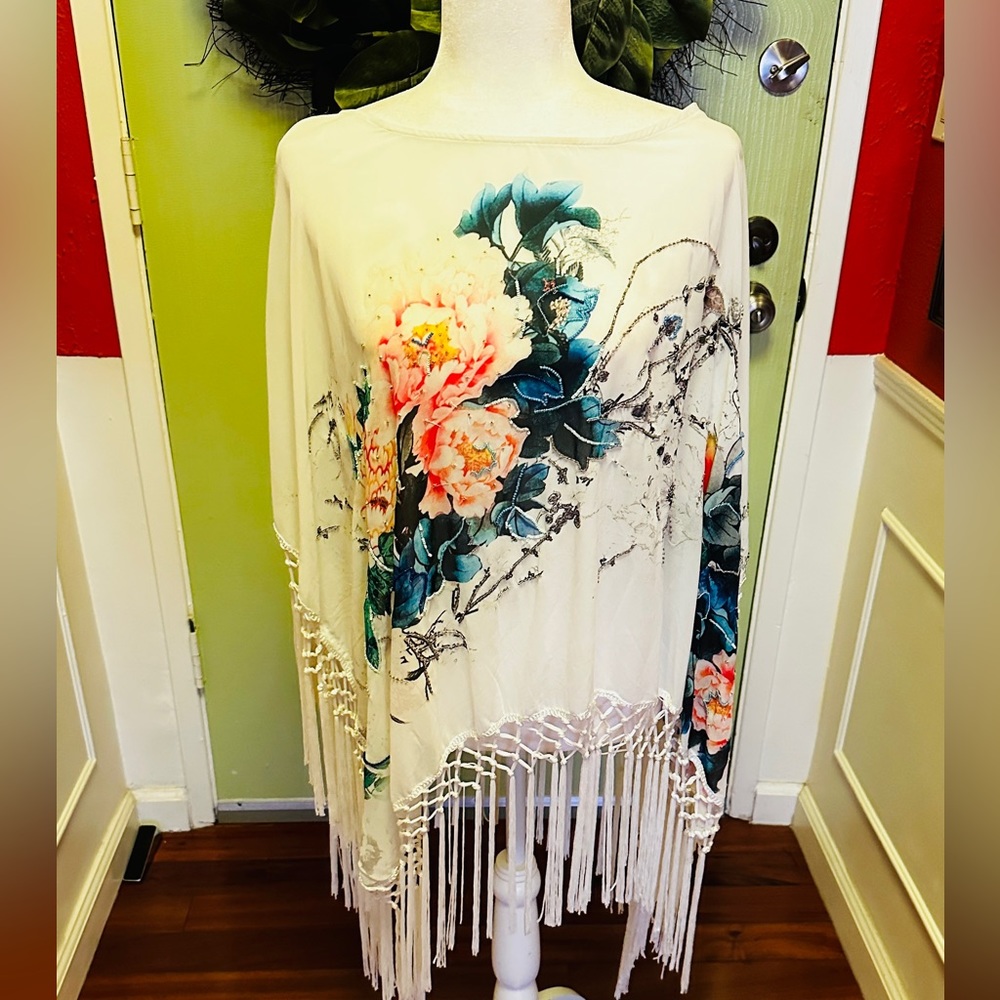 Chicos Brand Fringed Beaded Poncho/Coverup. One Size Fits All. So pretty
